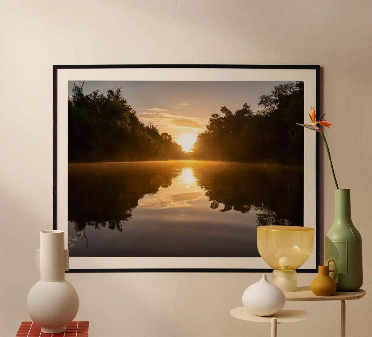 Tramonto che si riflette su un fiume carta hahnemühle da anderm