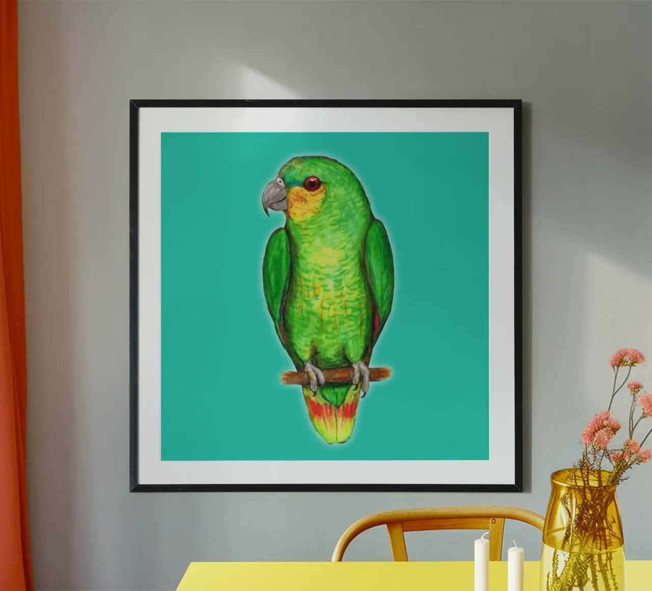 Pappagallo amazzone dalle ali arancioni poster con telaio in alluminio da BwiseLizzy