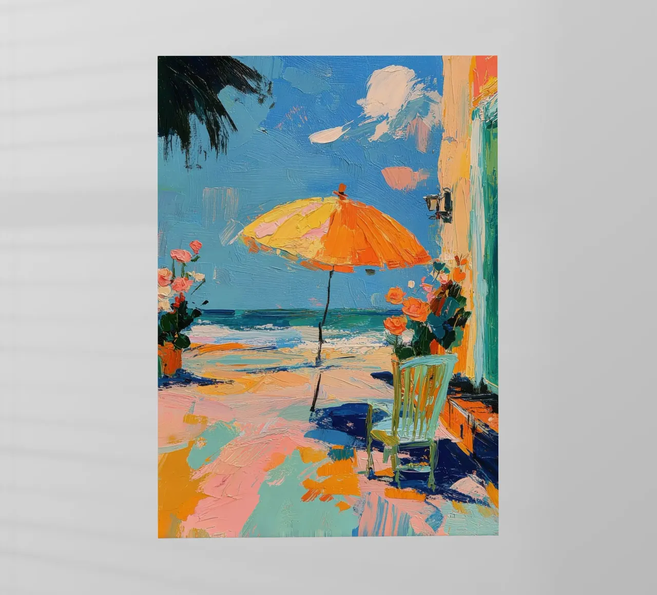 Pittura ad olio sulla spiaggia con ombrellone e sedia pellicola backlit da Nikis Art Studio