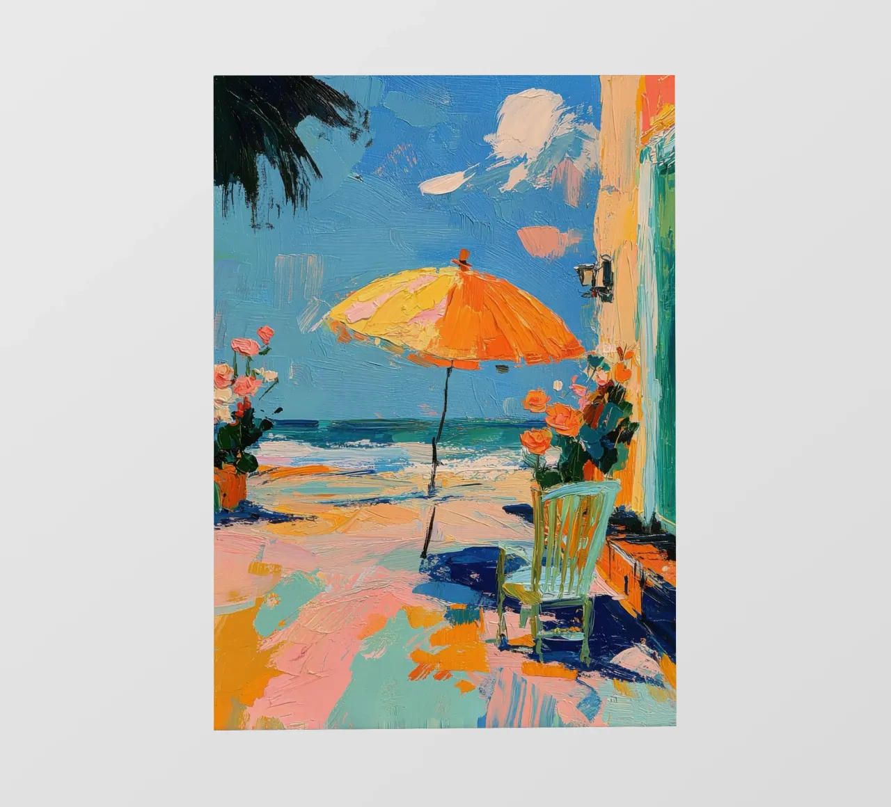 Pittura ad olio sulla spiaggia con ombrellone e sedia pellicola backlit da Nikis Art Studio