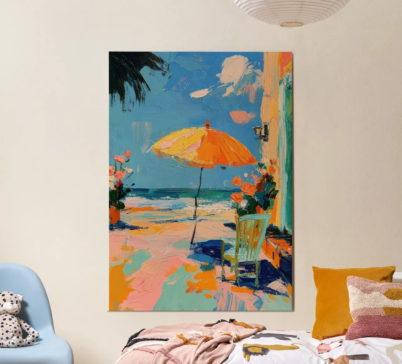 Pittura ad olio sulla spiaggia con ombrellone e sedia carta hahnemühle da Nikis Art Studio