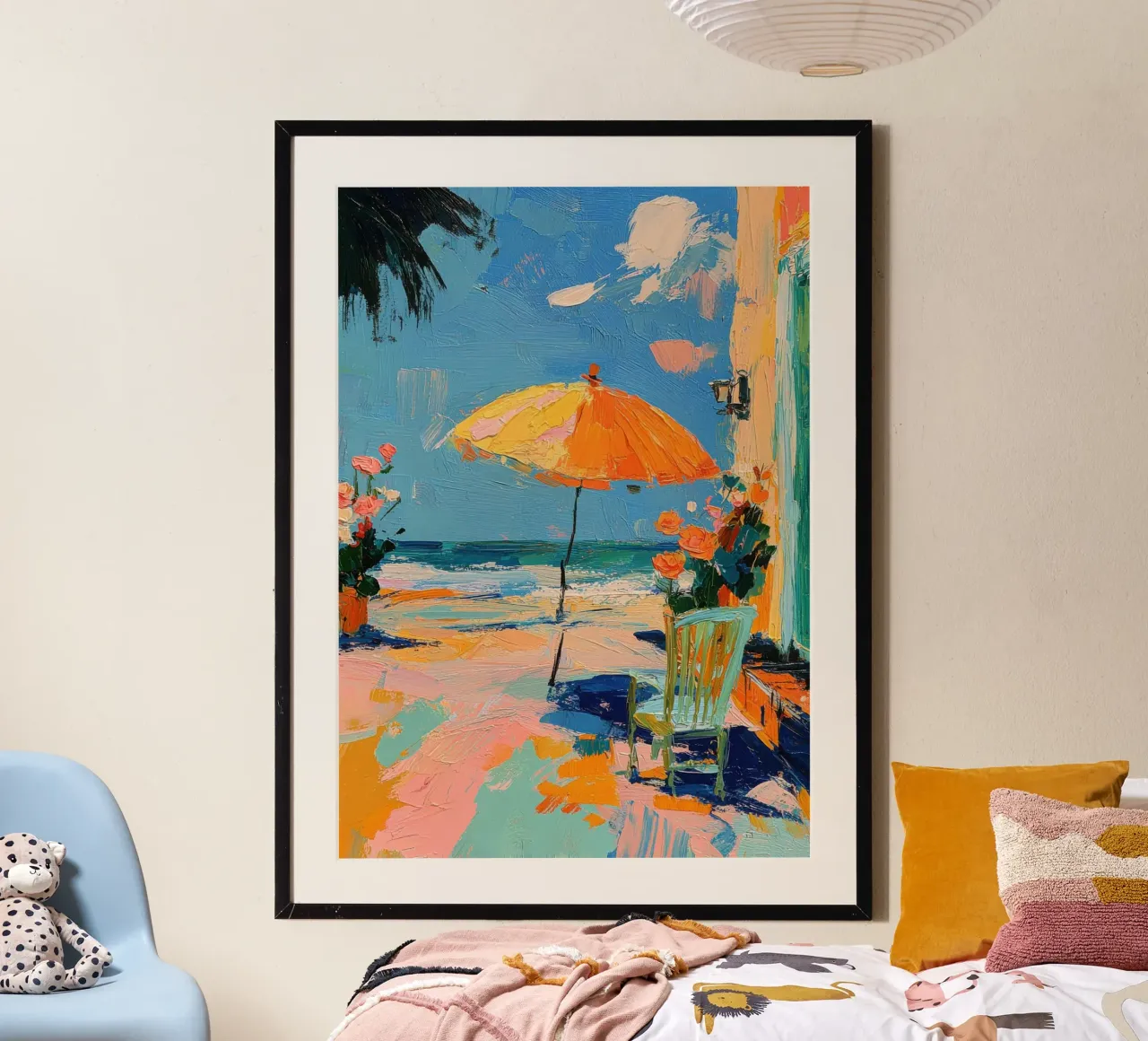 Pittura ad olio sulla spiaggia con ombrellone e sedia carta hahnemühle da Nikis Art Studio