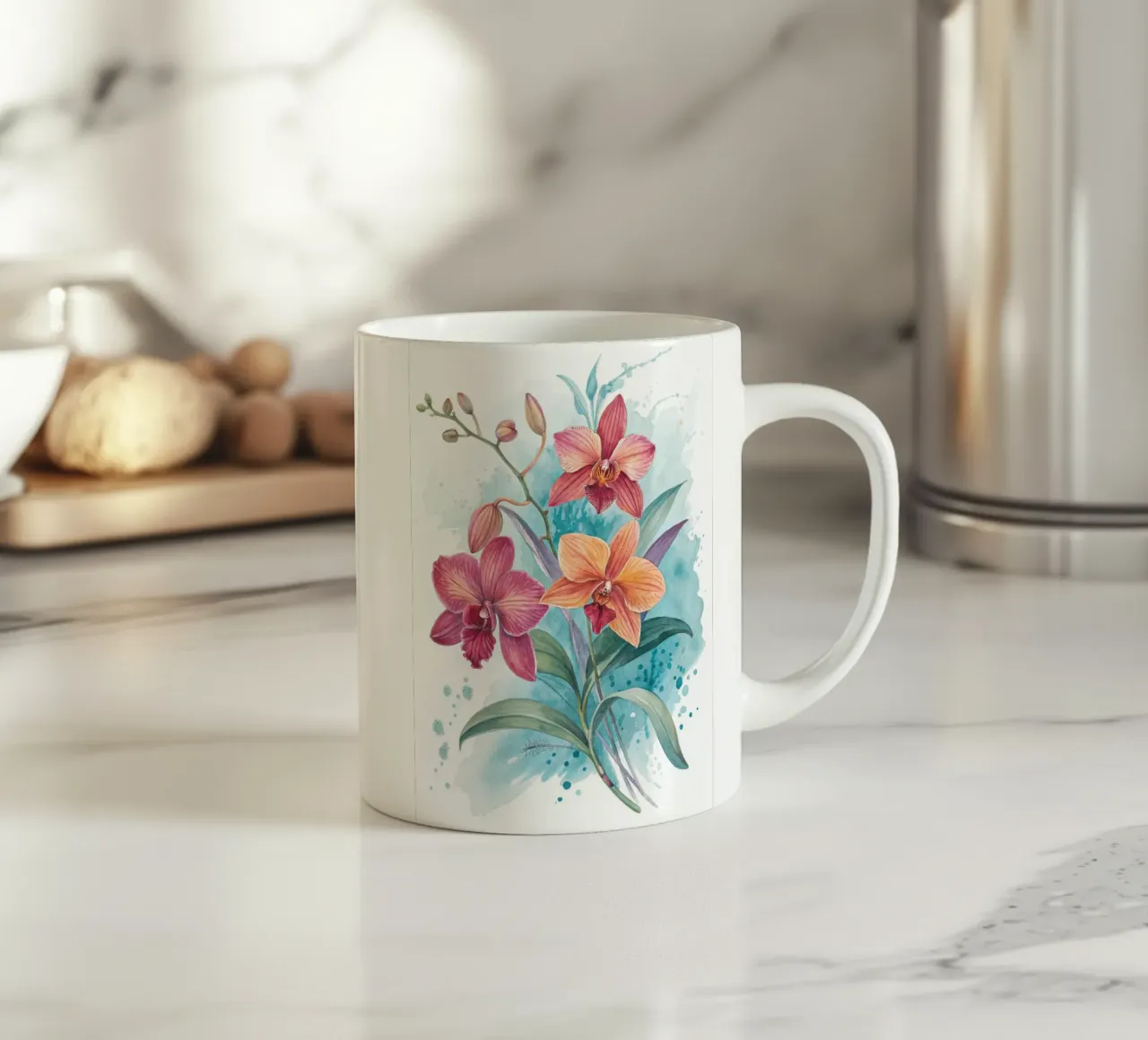 Orchidee acquerellate con sfondo blu astratto Fine Art Pr tazza in ceramica da Artistic-shop