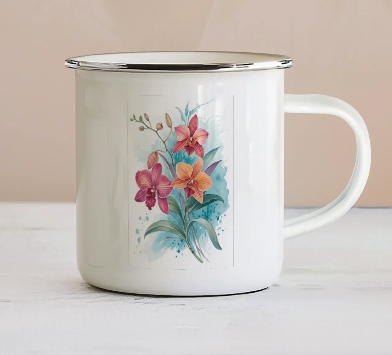 Orchidee acquerellate con sfondo blu astratto Fine Art Pr tazza in smalto da Artistic-shop