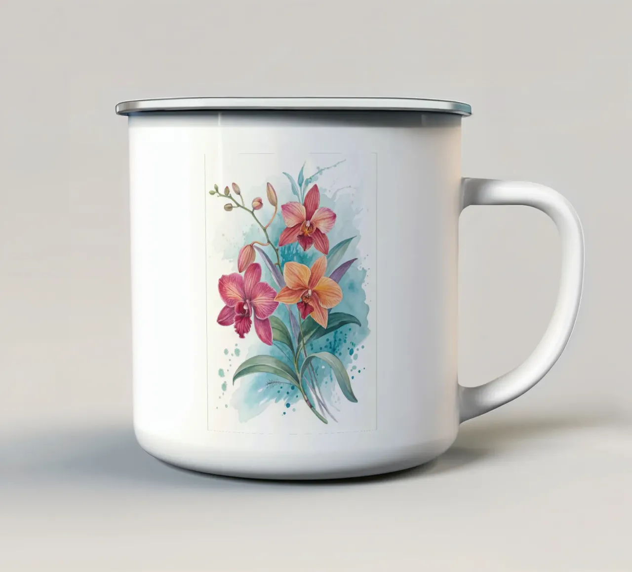 Orchidee acquerellate con sfondo blu astratto Fine Art Pr tazza in smalto da Artistic-shop