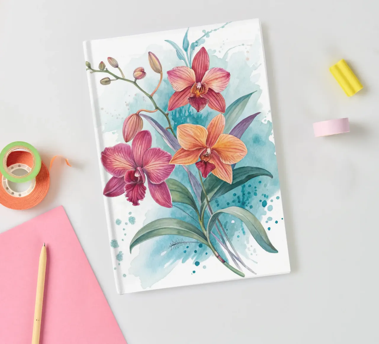 Watercolor Orchids with Abstract Blue Background Fine Art Pr notebook by Artistic-shop