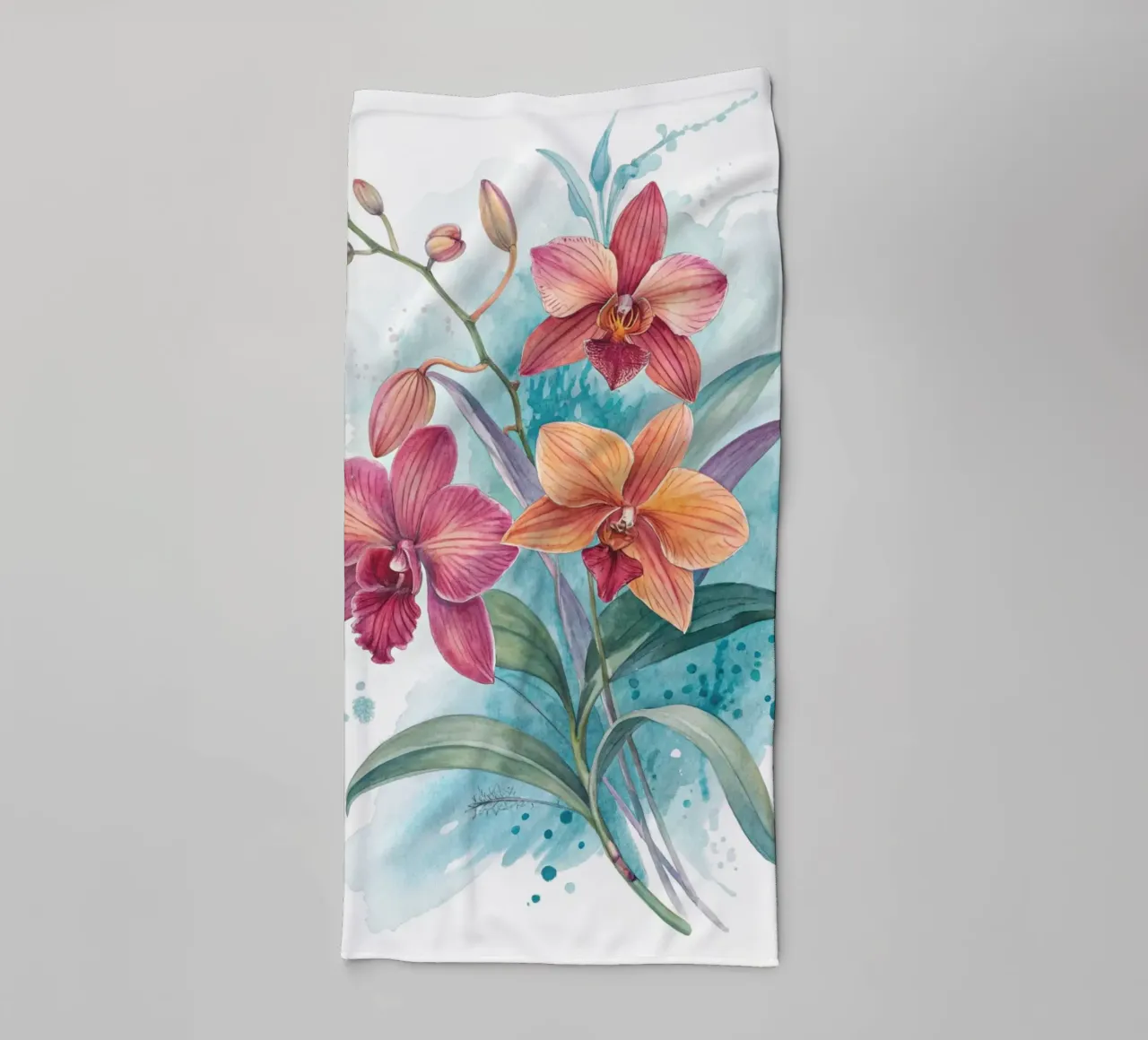 Watercolor Orchids with Abstract Blue Background Fine Art Pr towel by Artistic-shop