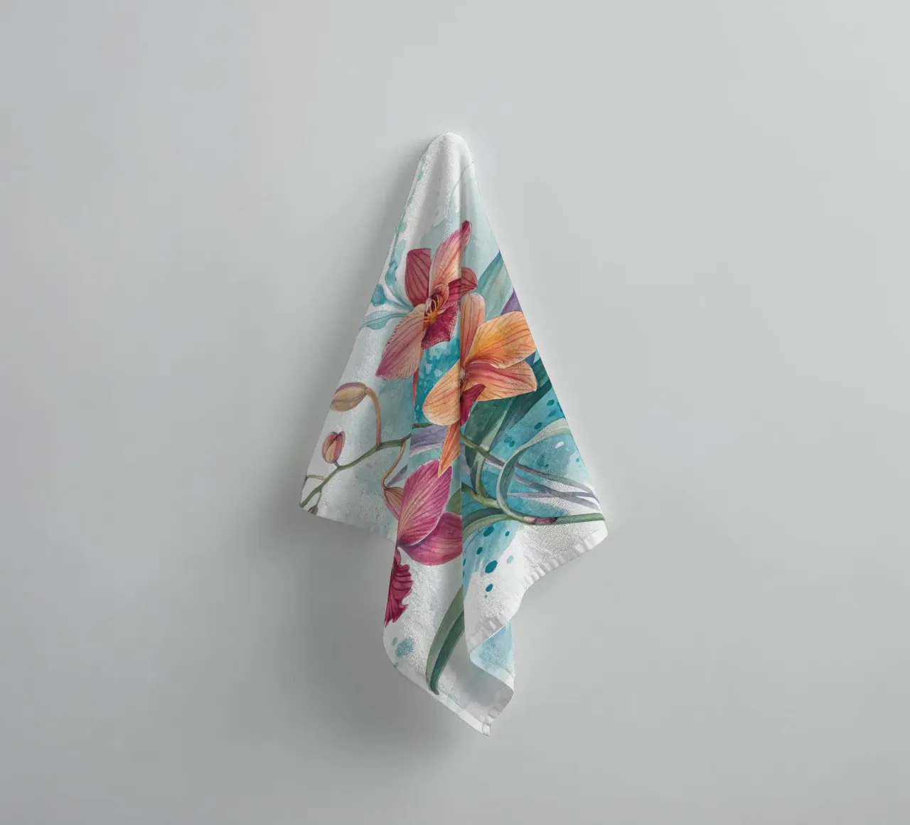 Watercolor Orchids with Abstract Blue Background Fine Art Pr towel by Artistic-shop