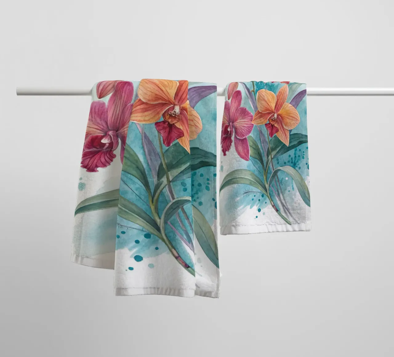 Watercolor Orchids with Abstract Blue Background Fine Art Pr towel by Artistic-shop