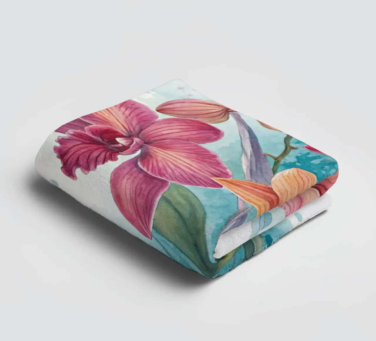 Watercolor Orchids with Abstract Blue Background Fine Art Pr towel by Artistic-shop