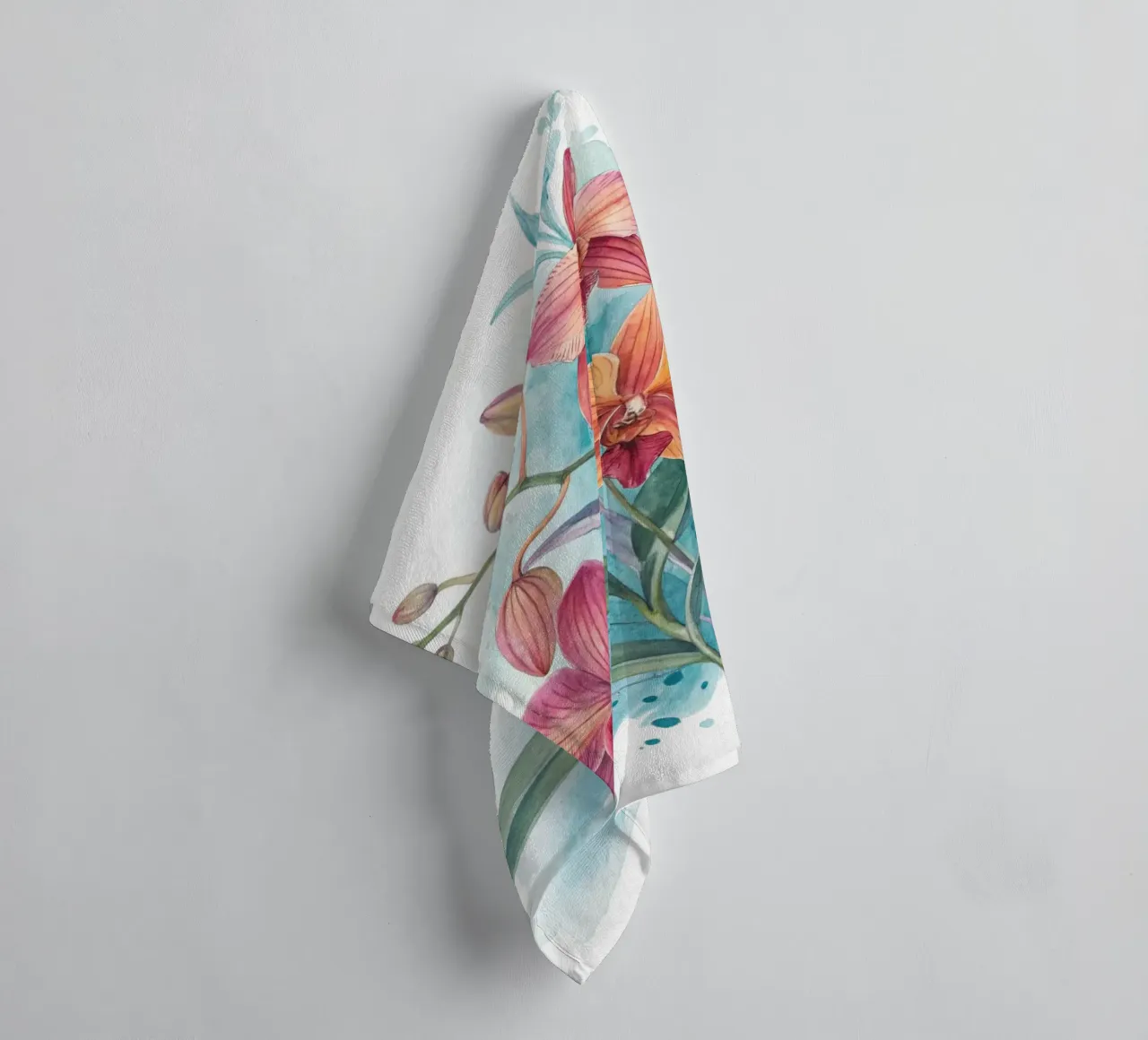 Watercolor Orchids with Abstract Blue Background Fine Art Pr towel by Artistic-shop