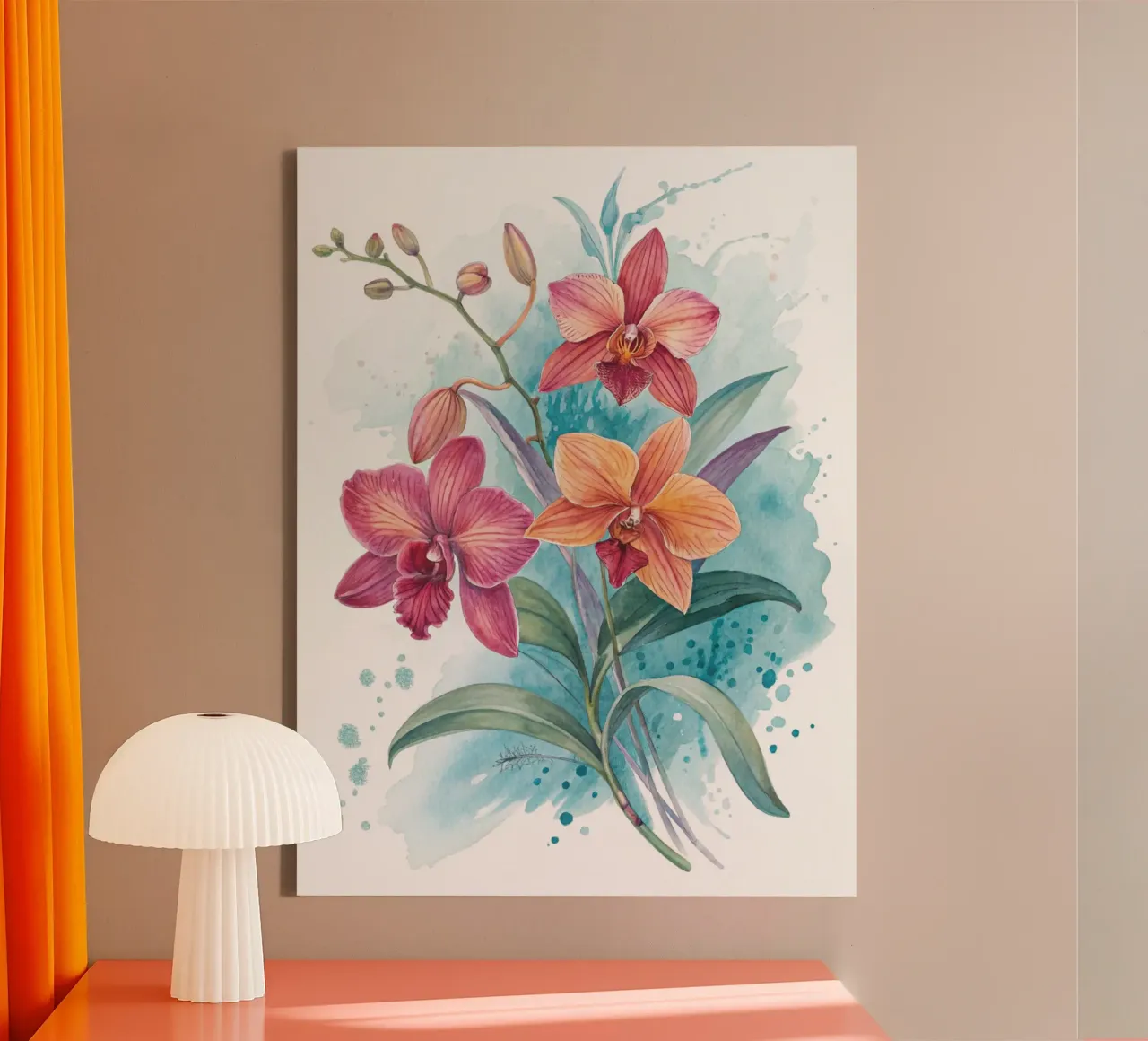 Watercolor Orchids with Abstract Blue Background Fine Art Pr canvas by Artistic-shop