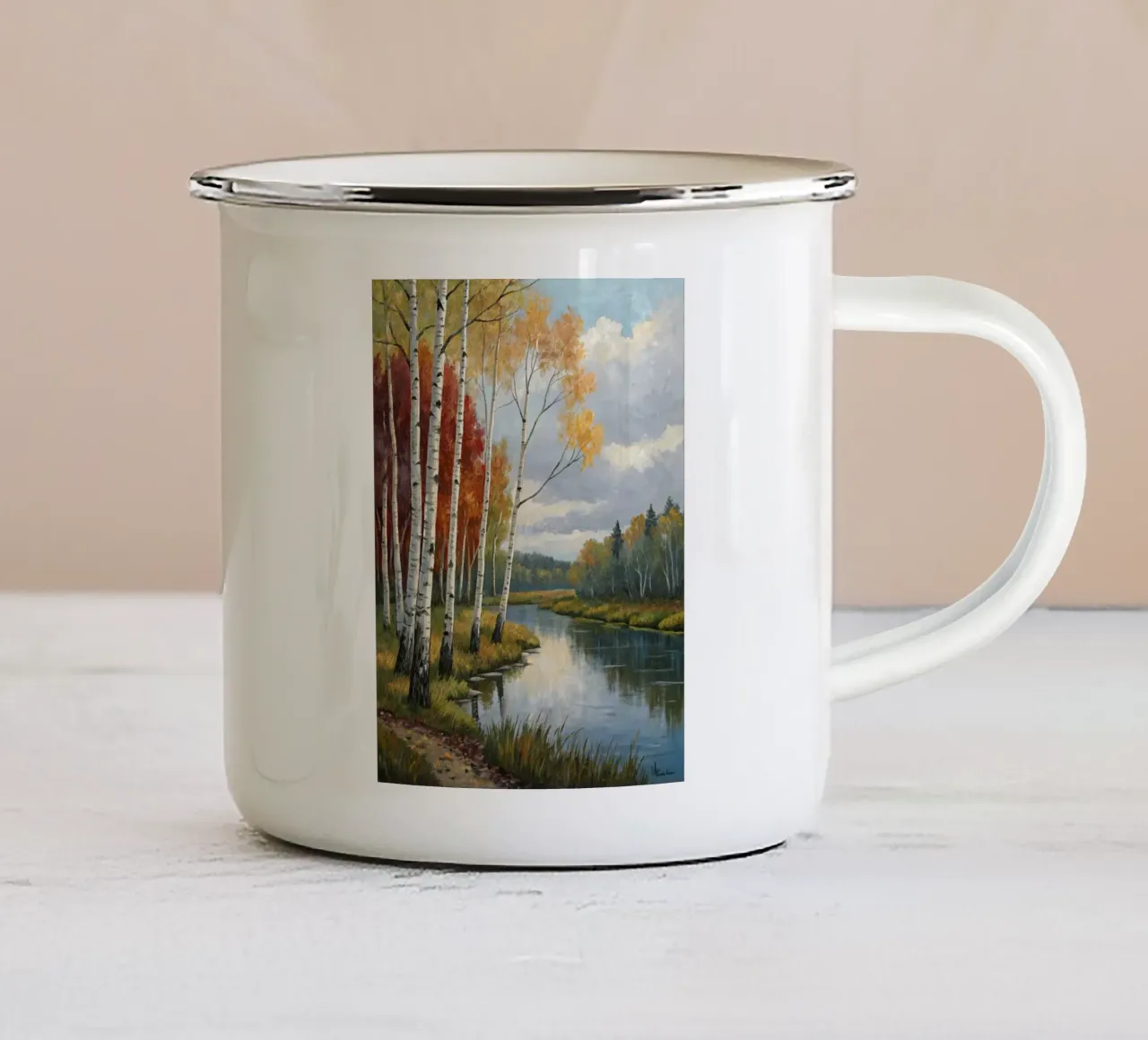Betulle dorate d'autunno lungo un fiume delicato tazza in smalto da Artistic-shop