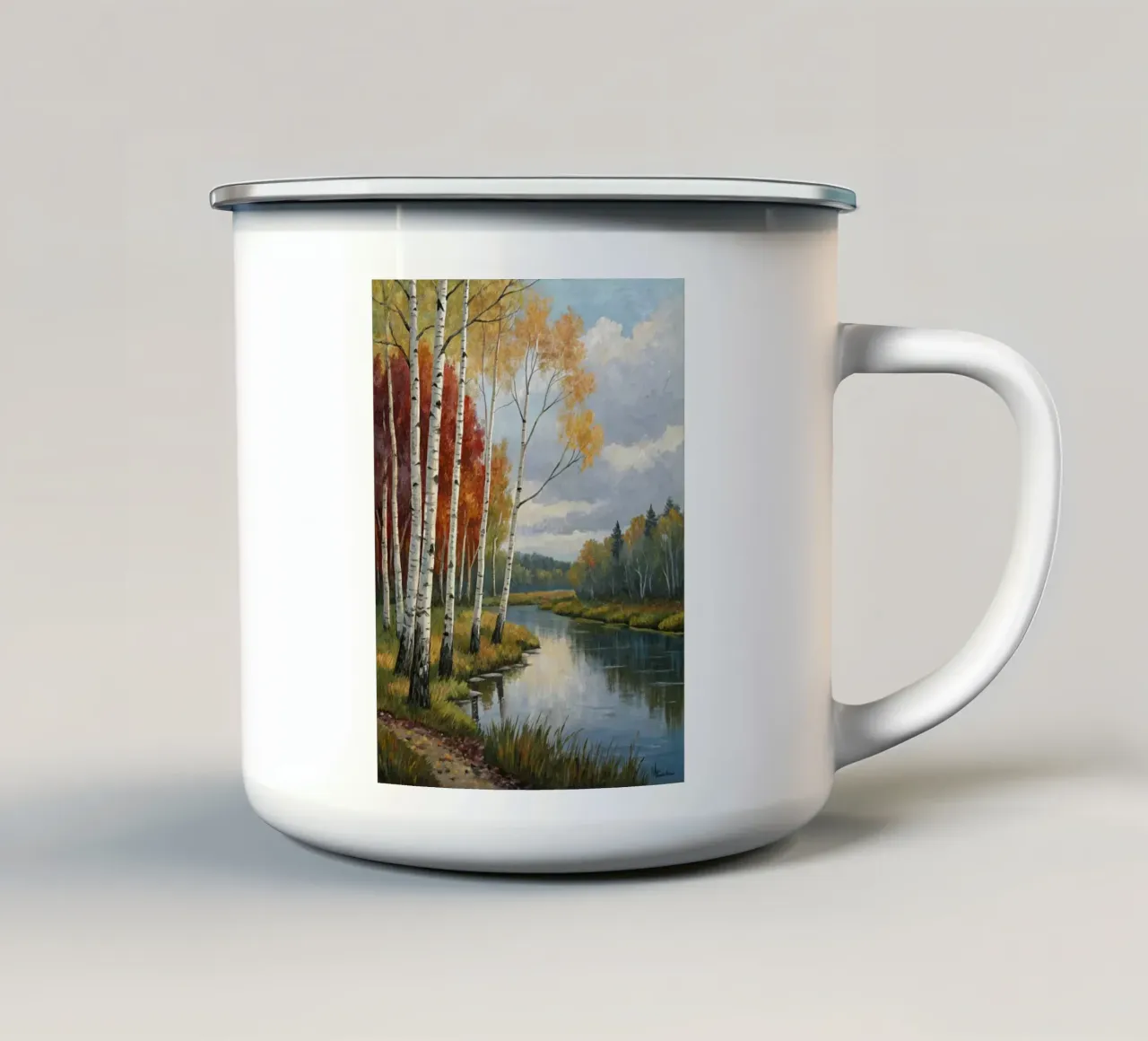 Betulle dorate d'autunno lungo un fiume delicato tazza in smalto da Artistic-shop
