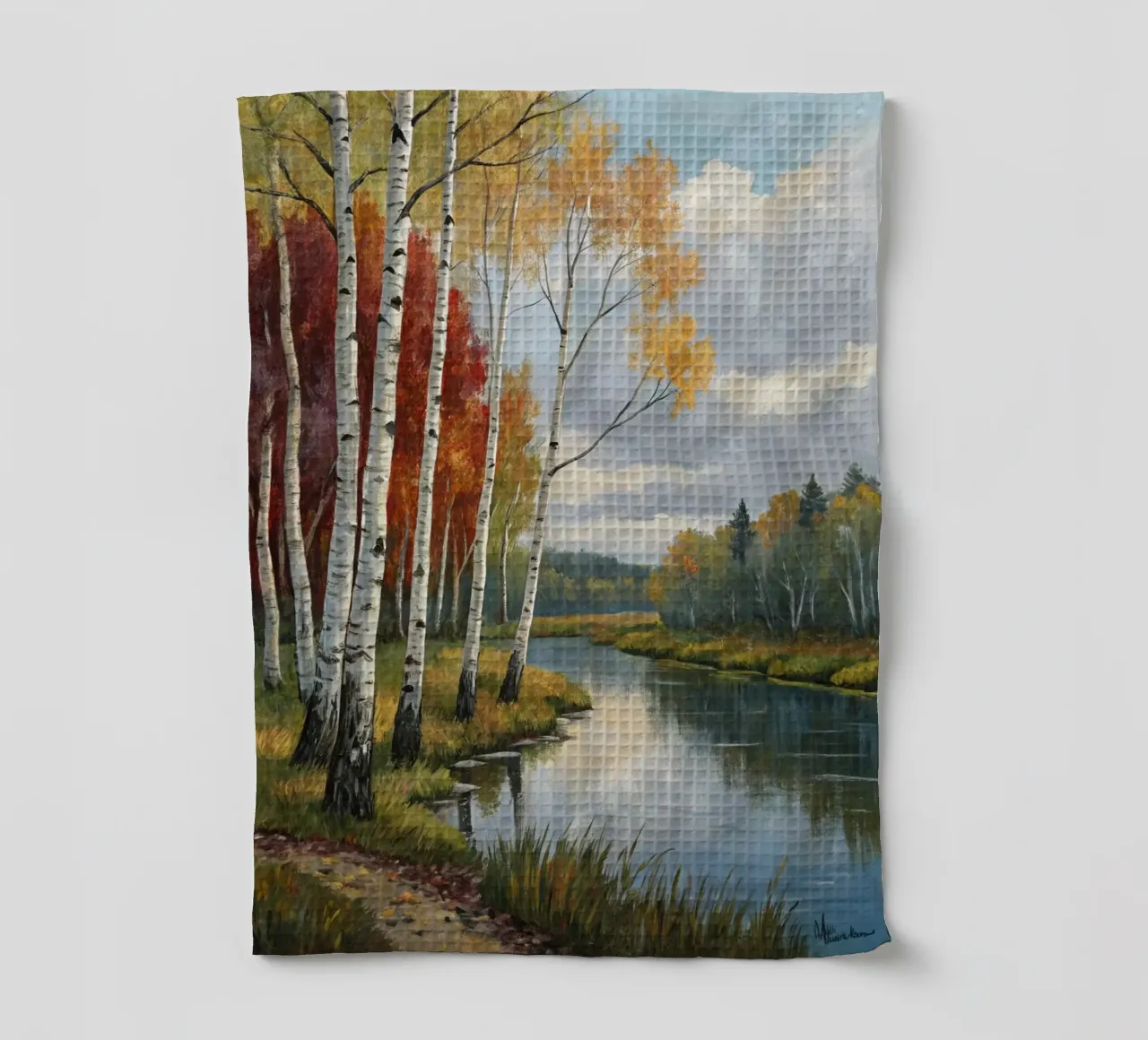 Bouleaux d'automne dorés au bord d'une rivière douce torchon de Artistic-shop