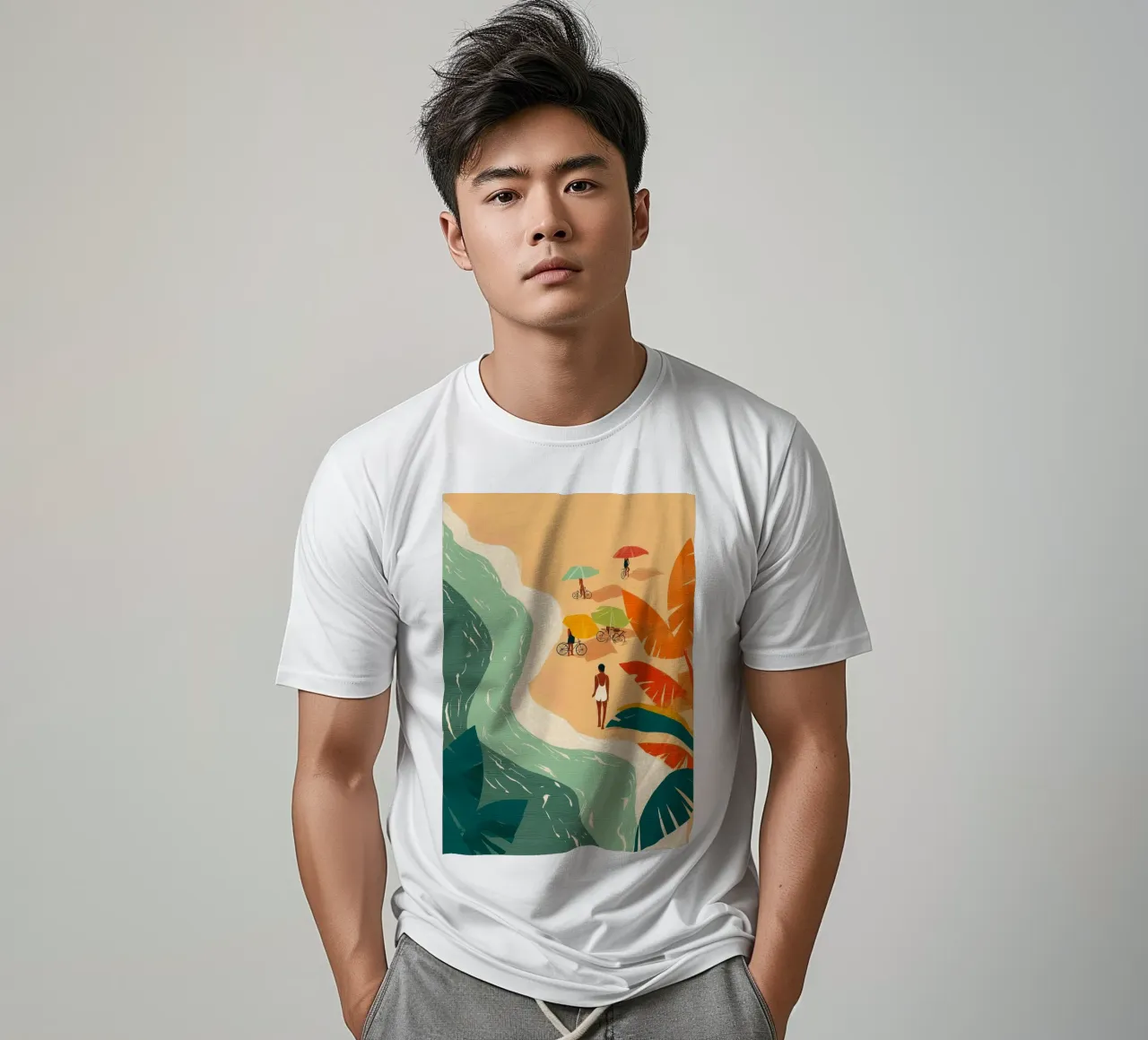 Umbrellas and Footsteps by the Shore t-shirt da Luca