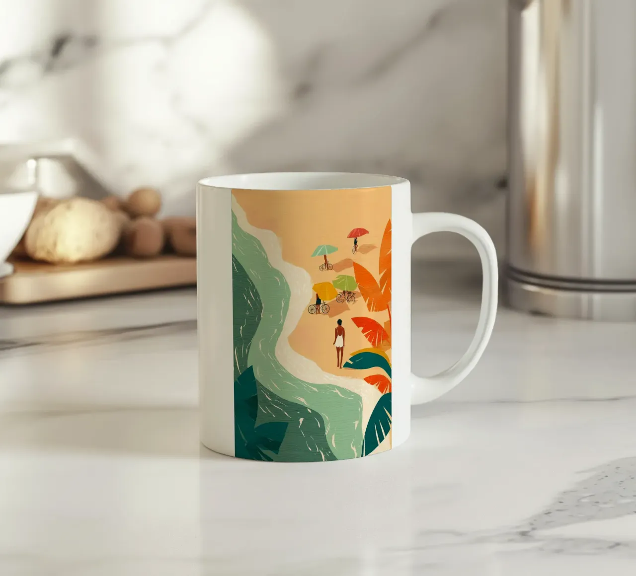 Umbrellas and Footsteps by the Shore tazza in ceramica da Luca