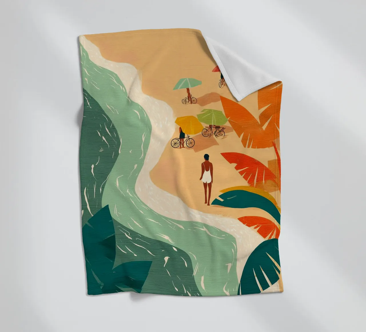 Umbrellas and Footsteps by the Shore coperta in pile da Luca