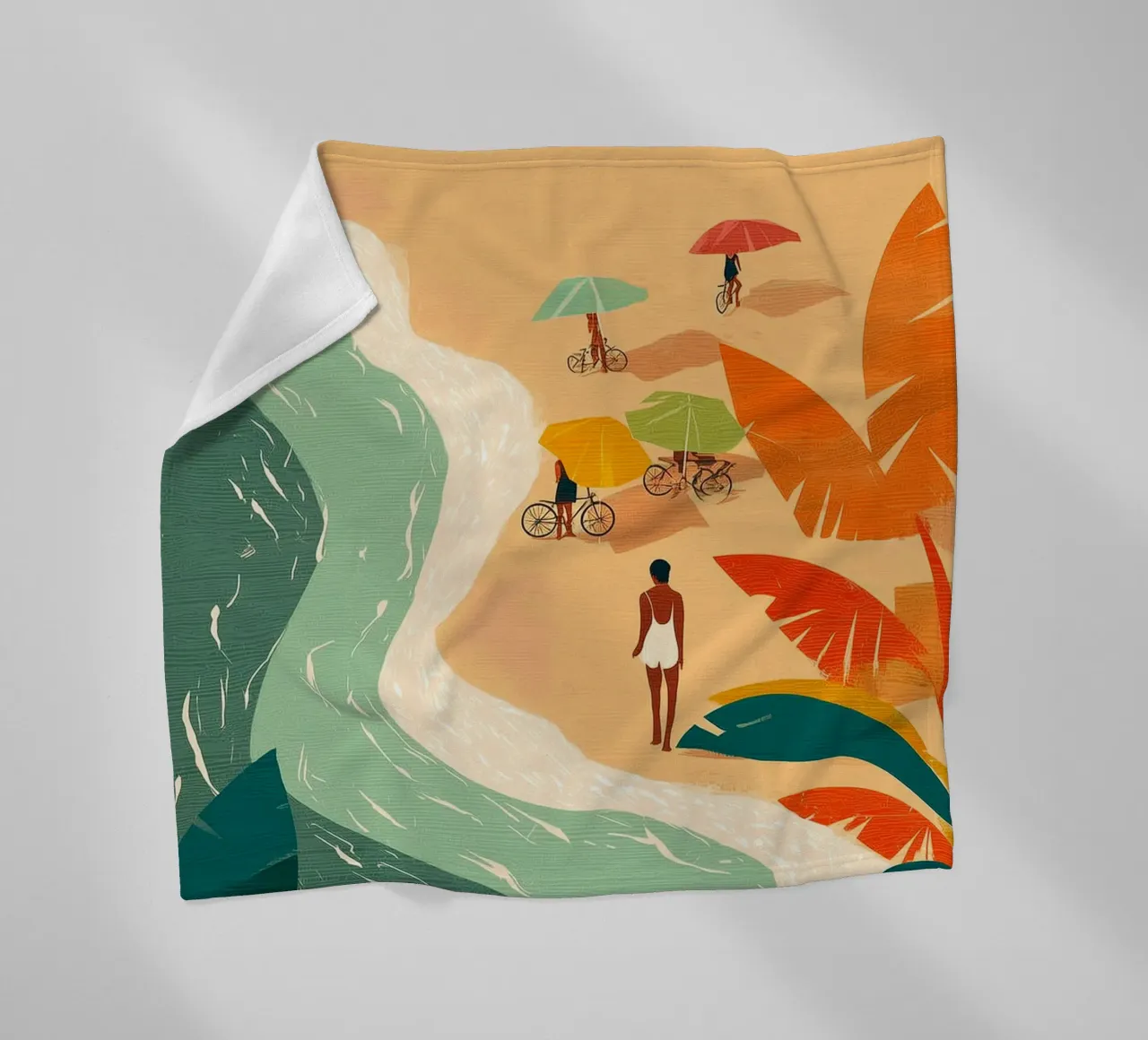 Umbrellas and Footsteps by the Shore coperta in pile da Luca