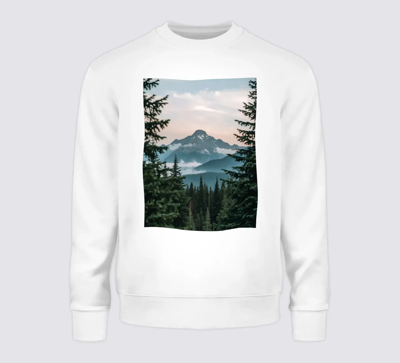 Bosque de coníferas que enmarca un pico nevado sudadera de DesignDoodle