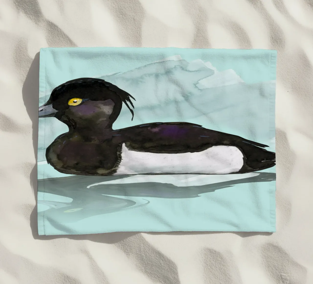 Acquerello di anatra ciuffata telo mare da BwiseLizzy