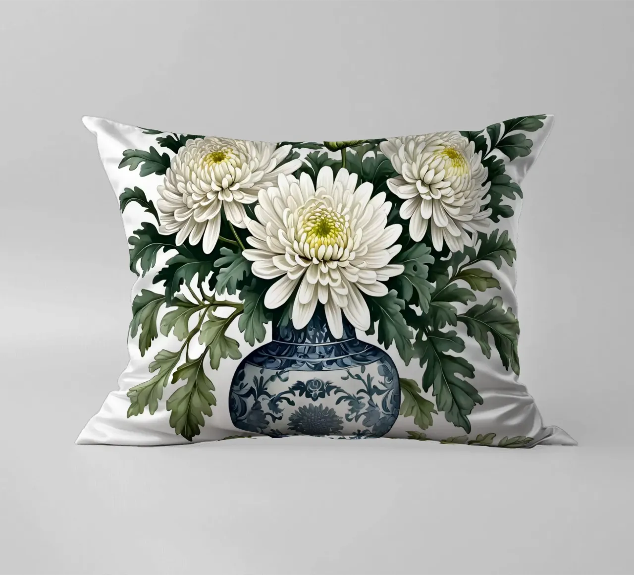 Eleganti crisantemi bianchi in un vaso bianco e blu cuscino da Artistic-shop