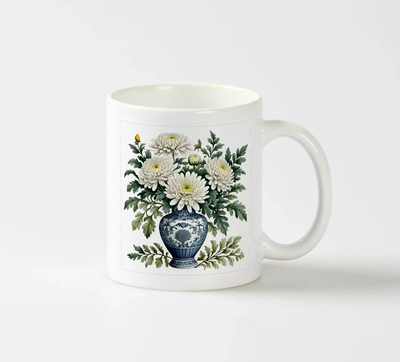 Eleganti crisantemi bianchi in un vaso bianco e blu tazza in ceramica da Artistic-shop