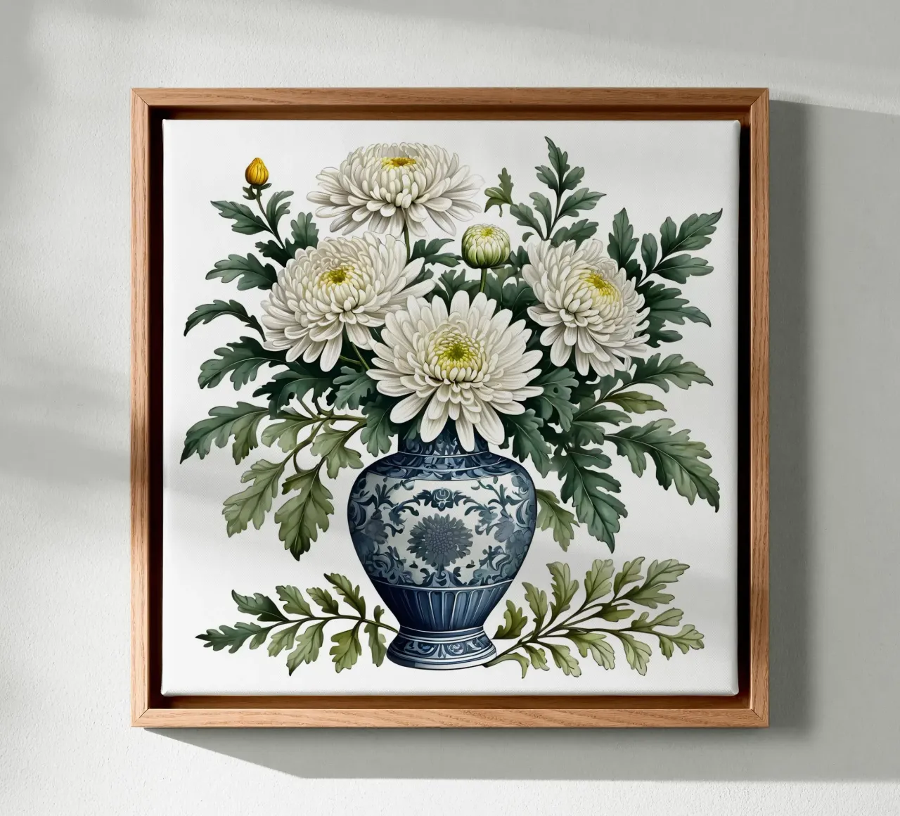 Eleganti crisantemi bianchi in un vaso bianco e blu tela con Cornice a cassetta da Artistic-shop