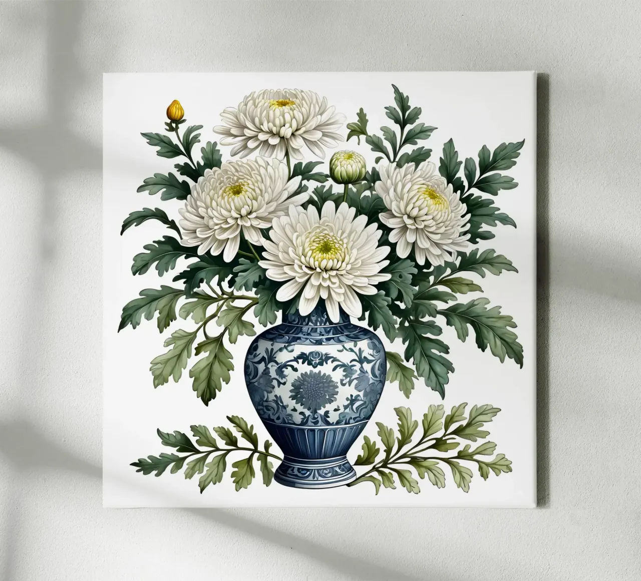 Eleganti crisantemi bianchi in un vaso bianco e blu tela con Cornice a cassetta da Artistic-shop