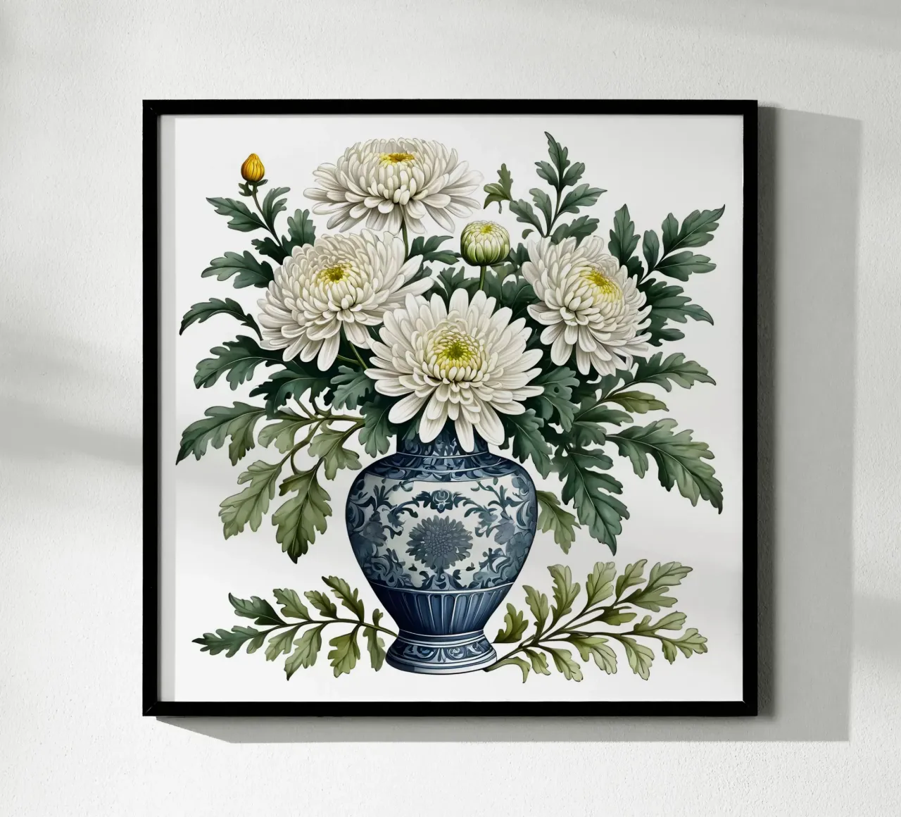 Eleganti crisantemi bianchi in un vaso bianco e blu carta hahnemühle da Artistic-shop