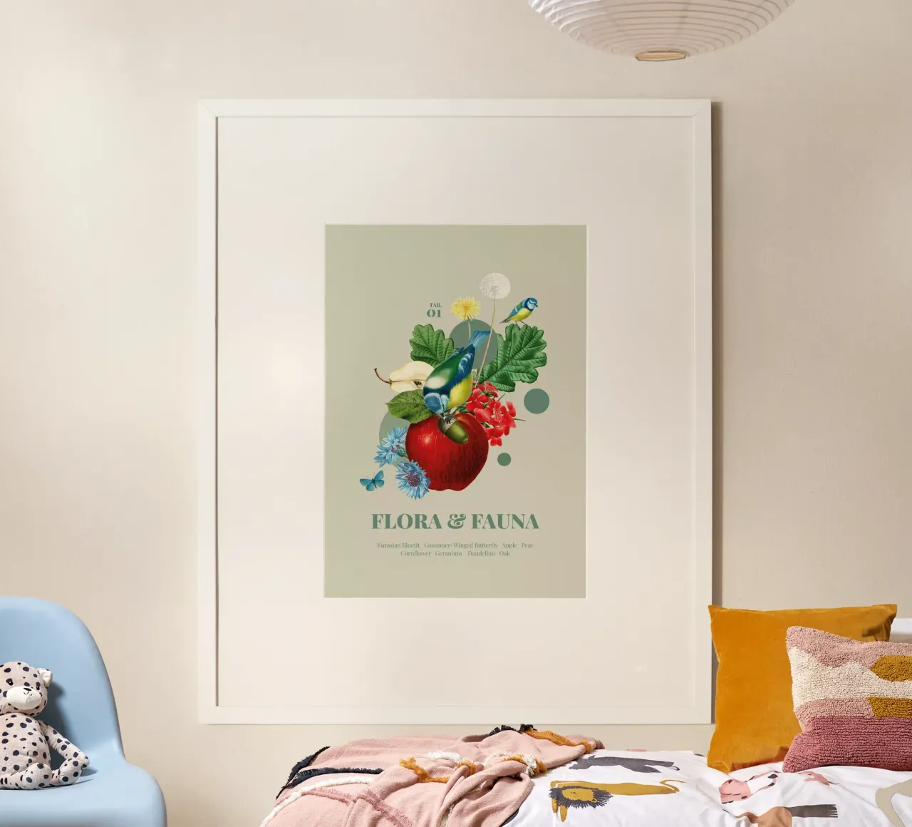 Flora e fauna con tette blu poster con telaio in legno da avisetflos