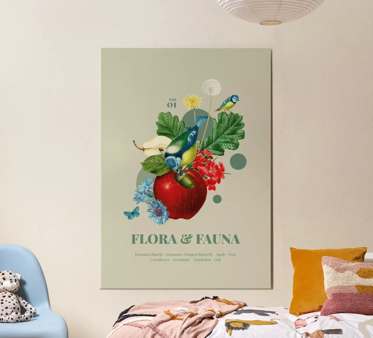 Flora e fauna con tette blu poster con telaio in legno da avisetflos