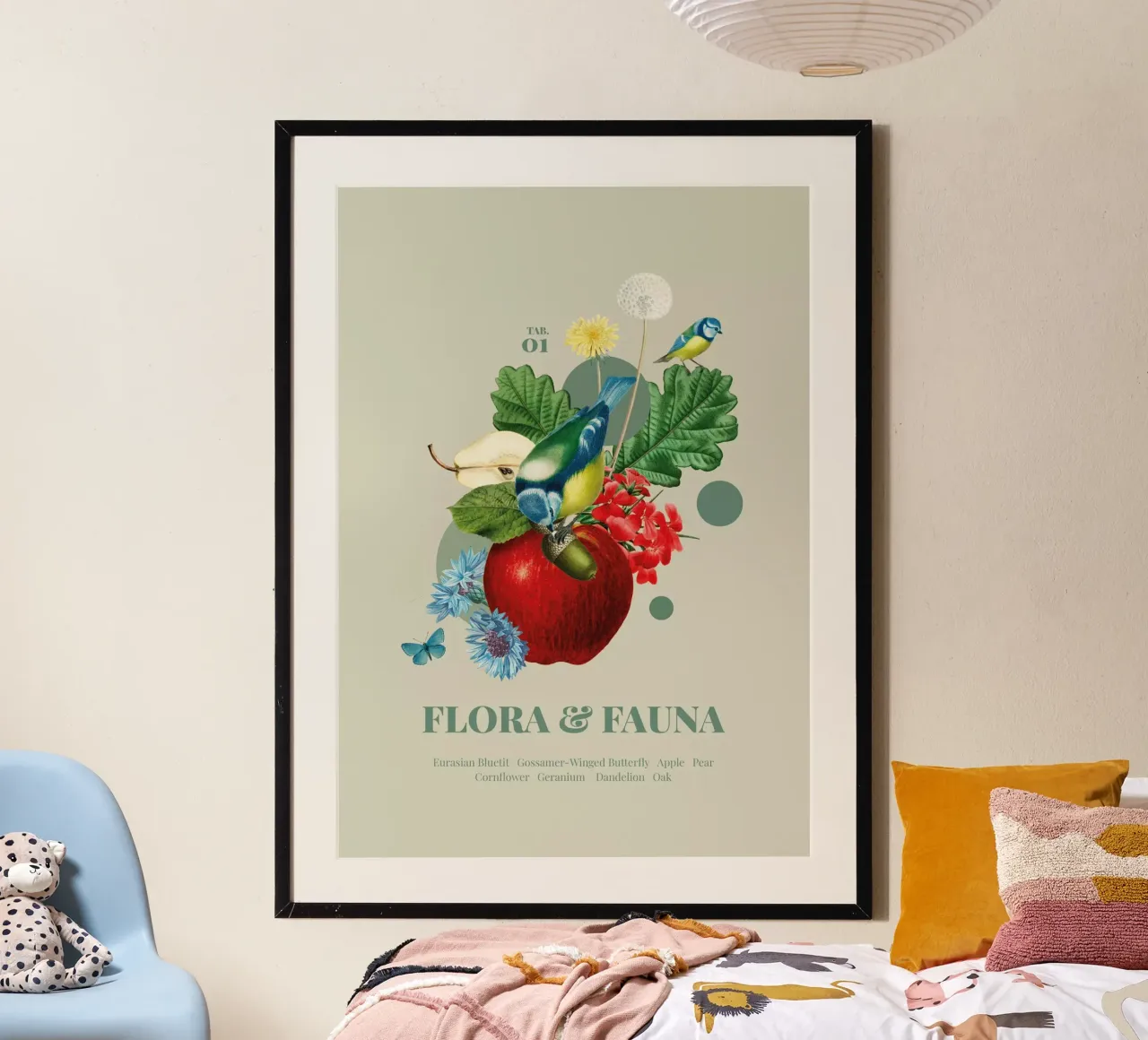 Flora e fauna con tette blu poster con telaio in legno da avisetflos