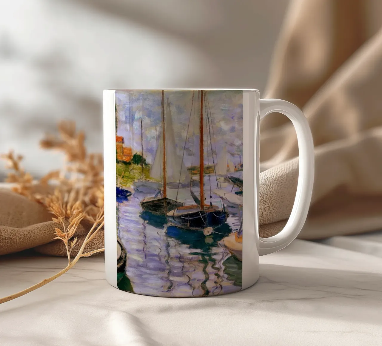barca a vela ancorata nel fiume tazza in ceramica da SMG Store