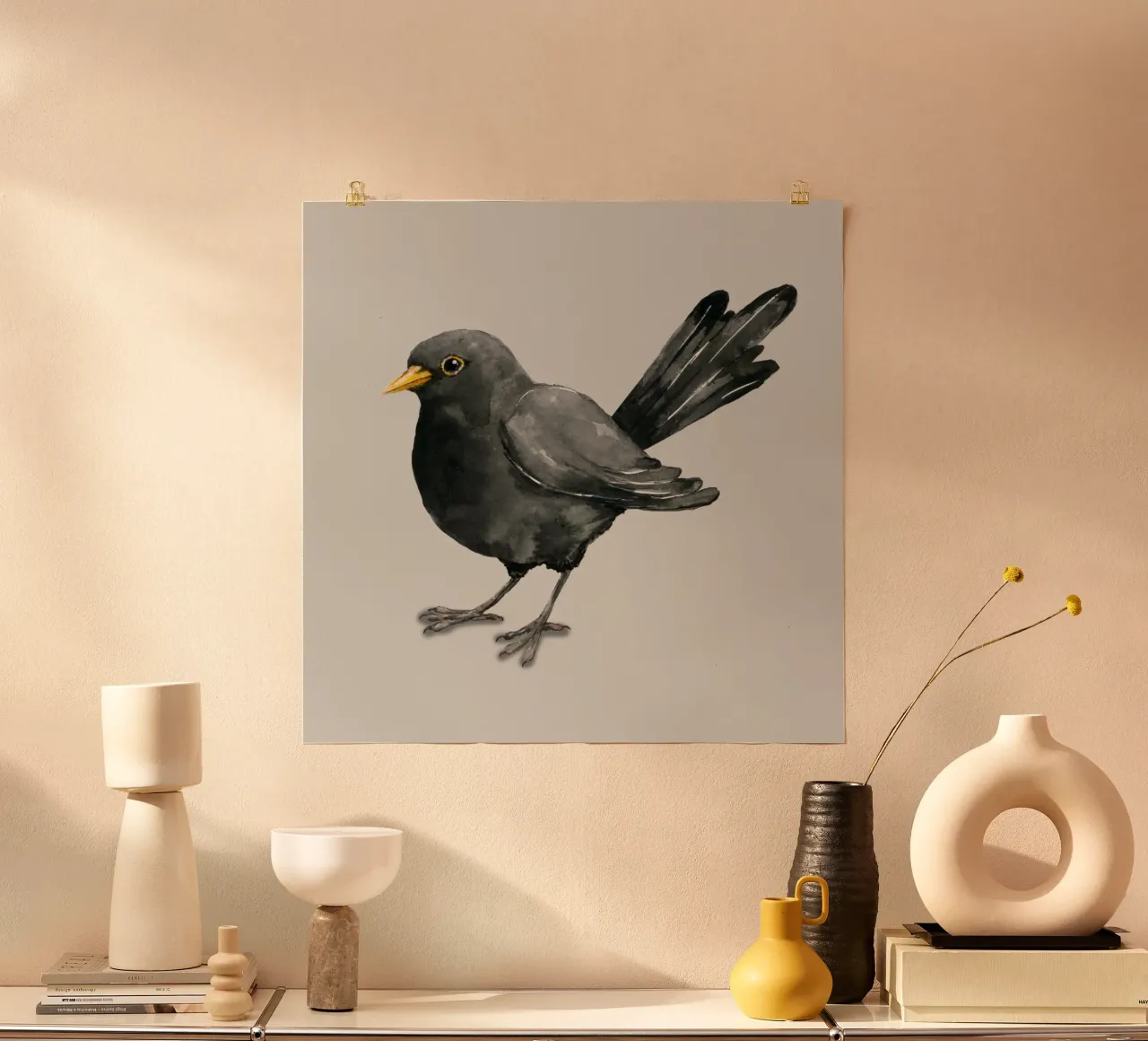 Disegno a inchiostro del merlo poster con telaio in legno da BwiseLizzy