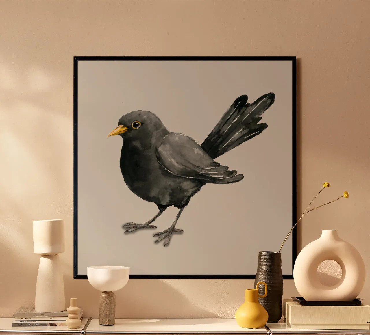 Disegno a inchiostro del merlo poster con telaio in legno da BwiseLizzy