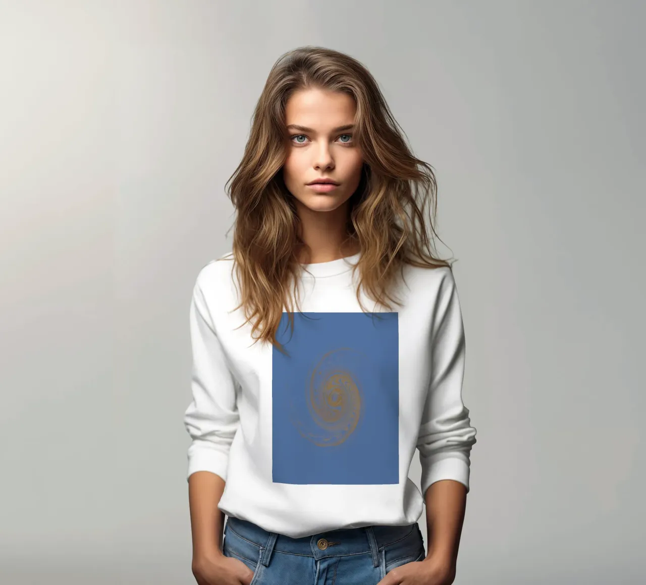 Abstract dynamic circular pattern in yellow and blue sweatshirt by Something for you
