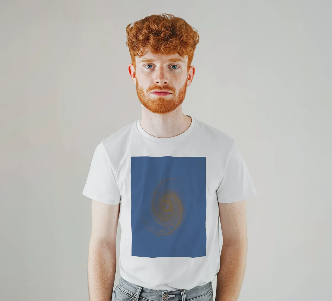 Abstract dynamic circular pattern in yellow and blue t-shirt by Something for you