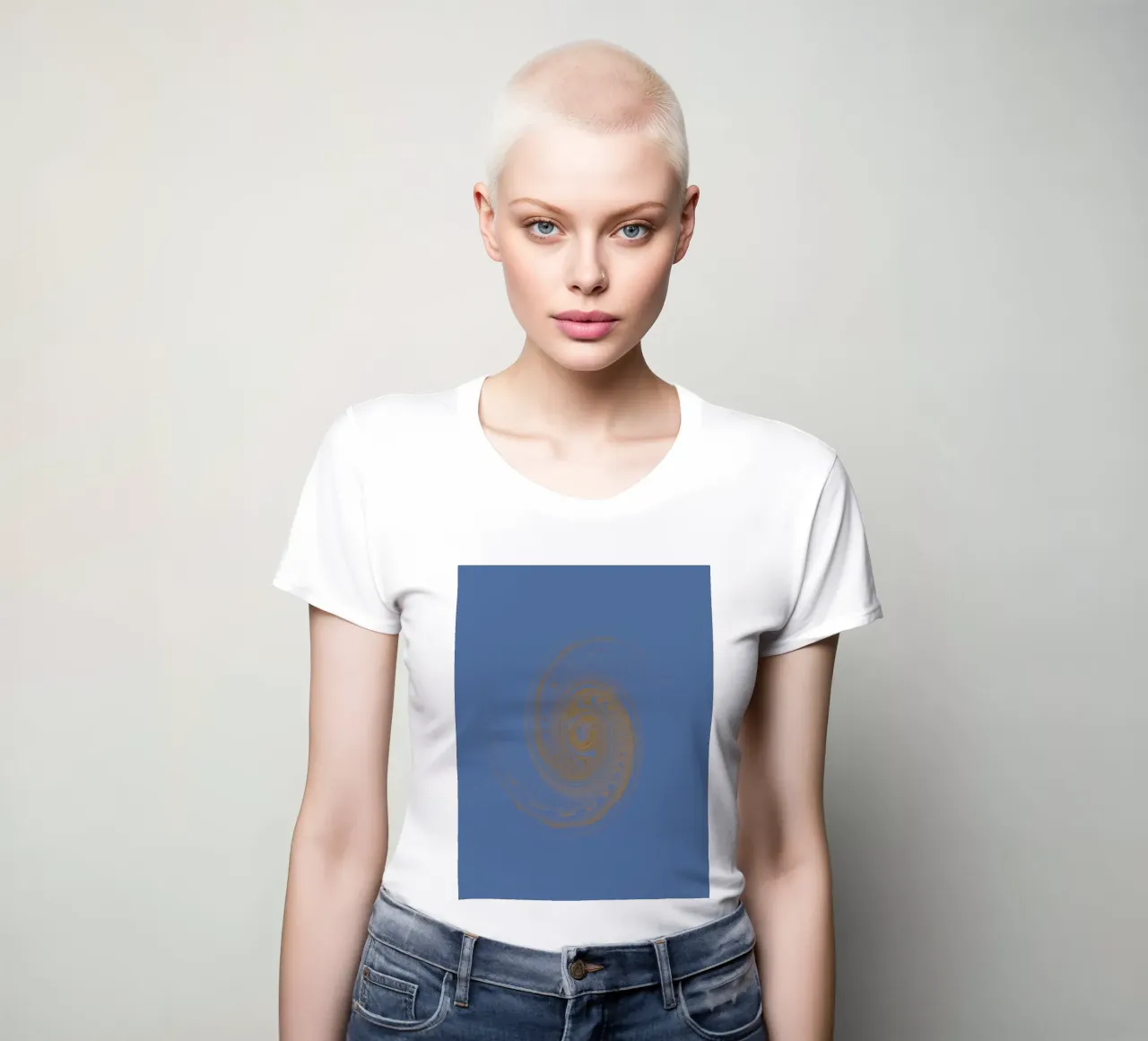 Abstract dynamic circular pattern in yellow and blue women's fitted t-shirt by Something for you