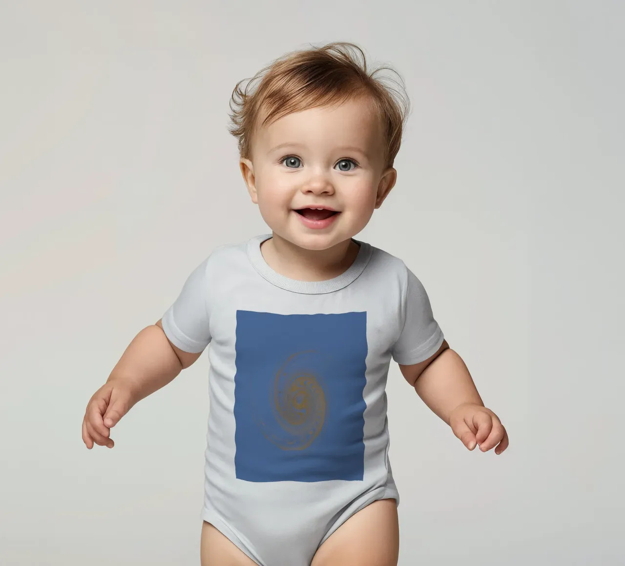 Abstract dynamic circular pattern in yellow and blue short-sleeve baby romper by Something for you