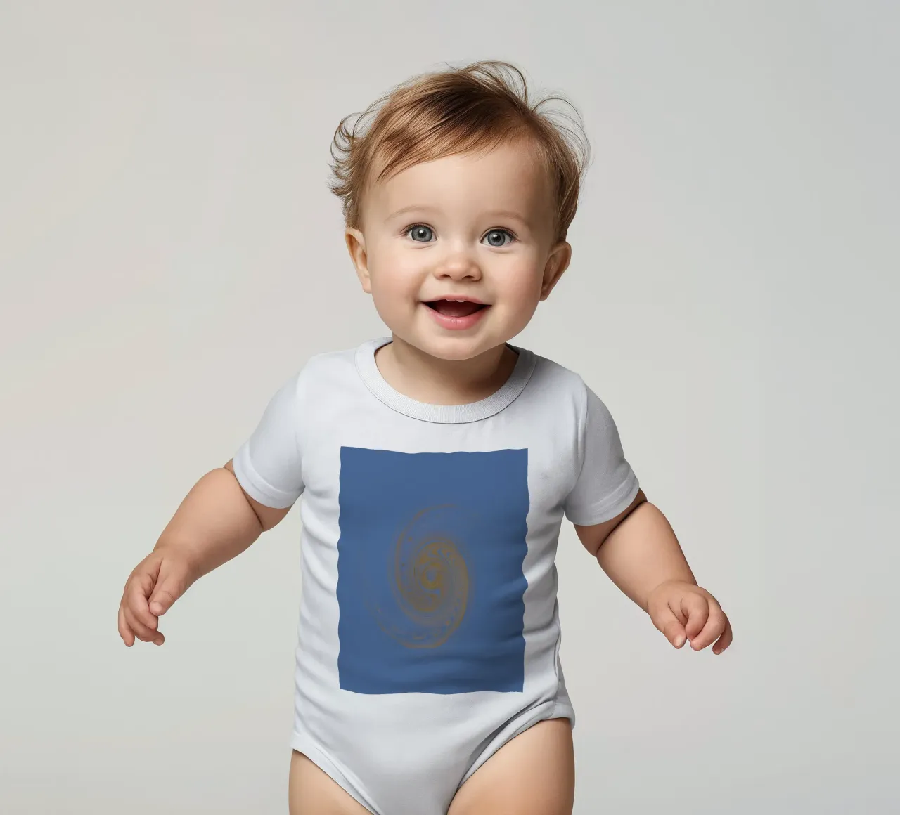 Abstract dynamic circular pattern in yellow and blue short-sleeve baby romper by Something for you