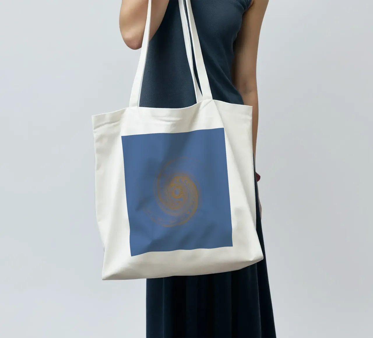 Abstract dynamic circular pattern in yellow and blue tote bag by Something for you