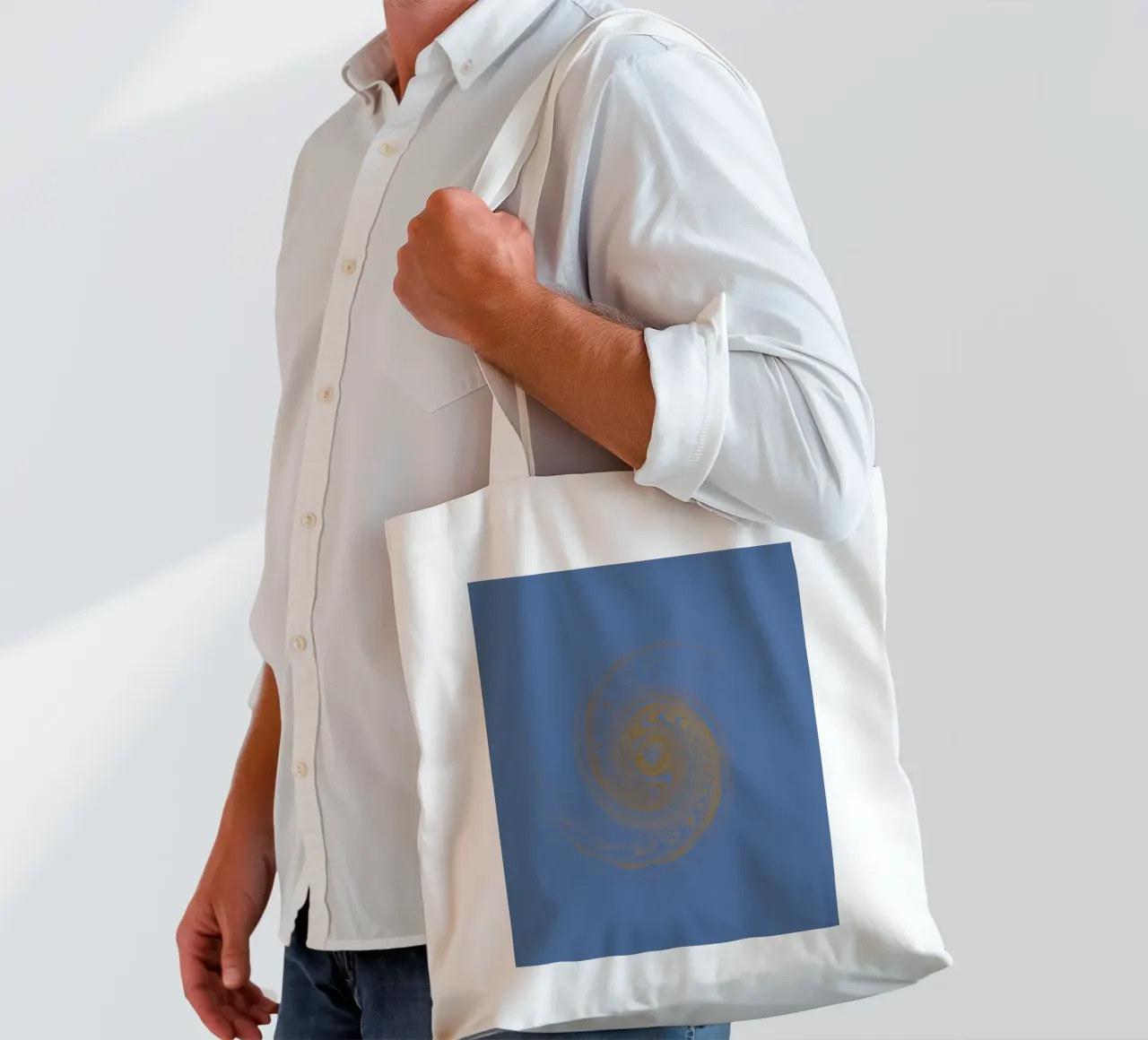 Abstract dynamic circular pattern in yellow and blue tote bag by Something for you