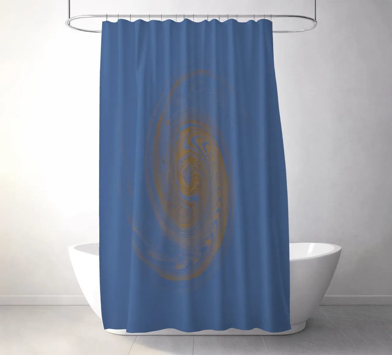 Abstract dynamic circular pattern in yellow and blue shower curtain by Something for you