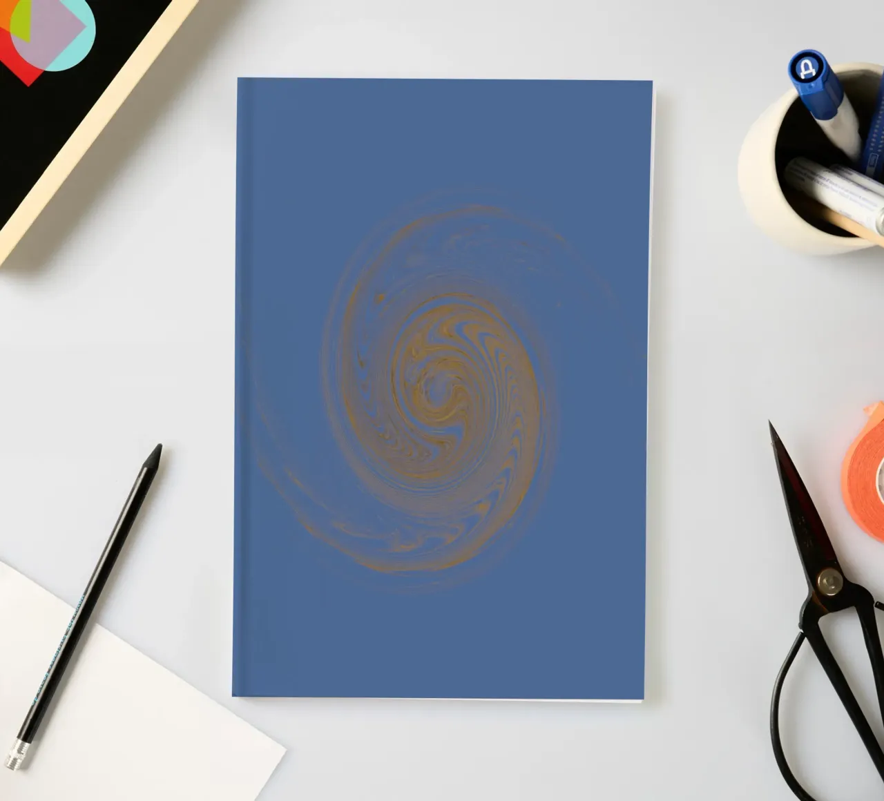 Abstract dynamic circular pattern in yellow and blue notebook by Something for you