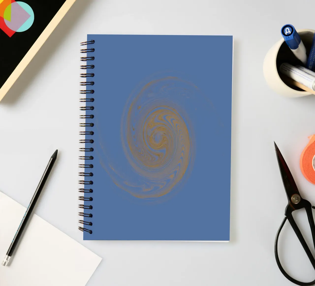 Abstract dynamic circular pattern in yellow and blue spiral notebook by Something for you