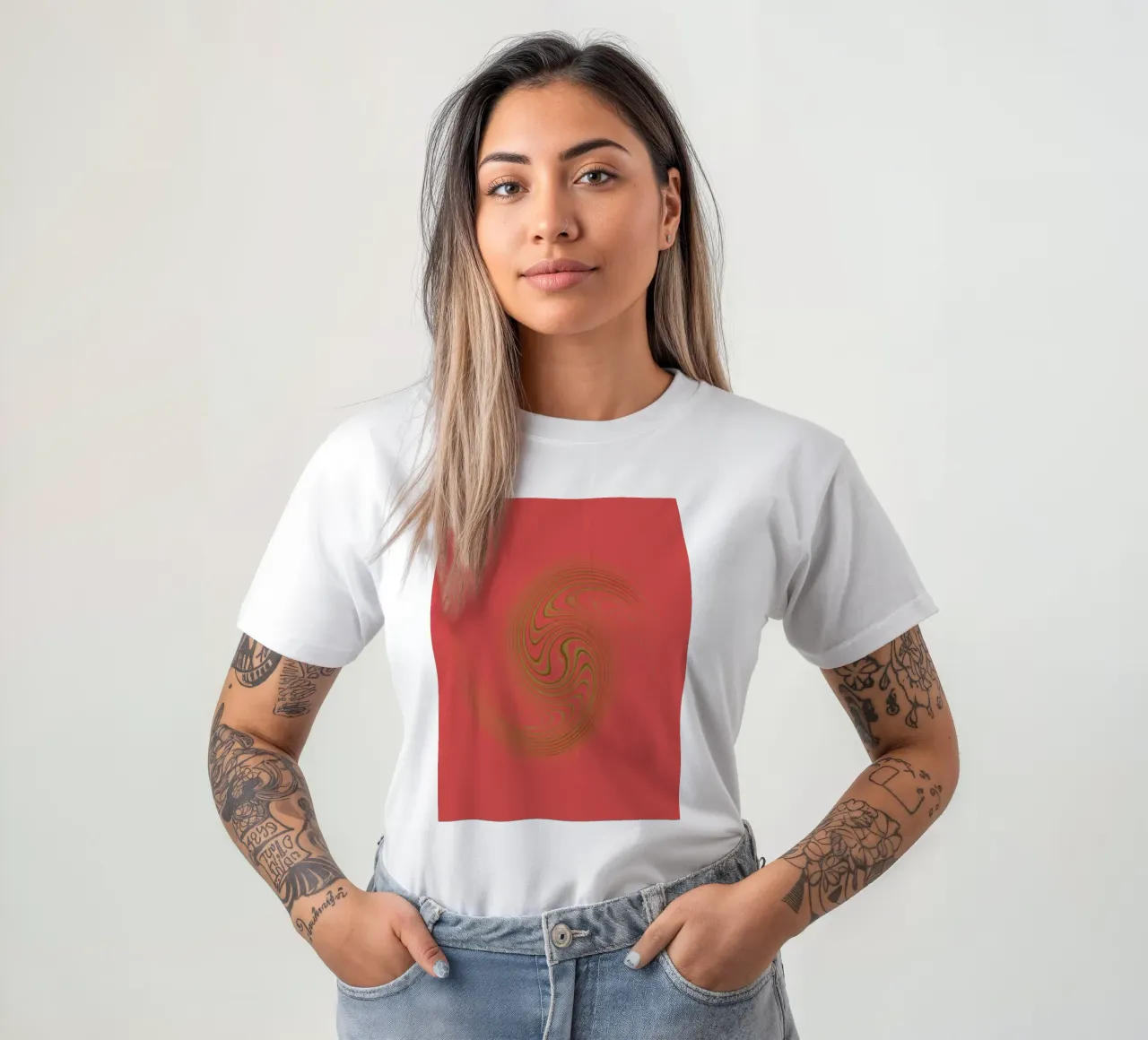 Abstract dynamic circular pattern in pink and yellow t-shirt by Something for you