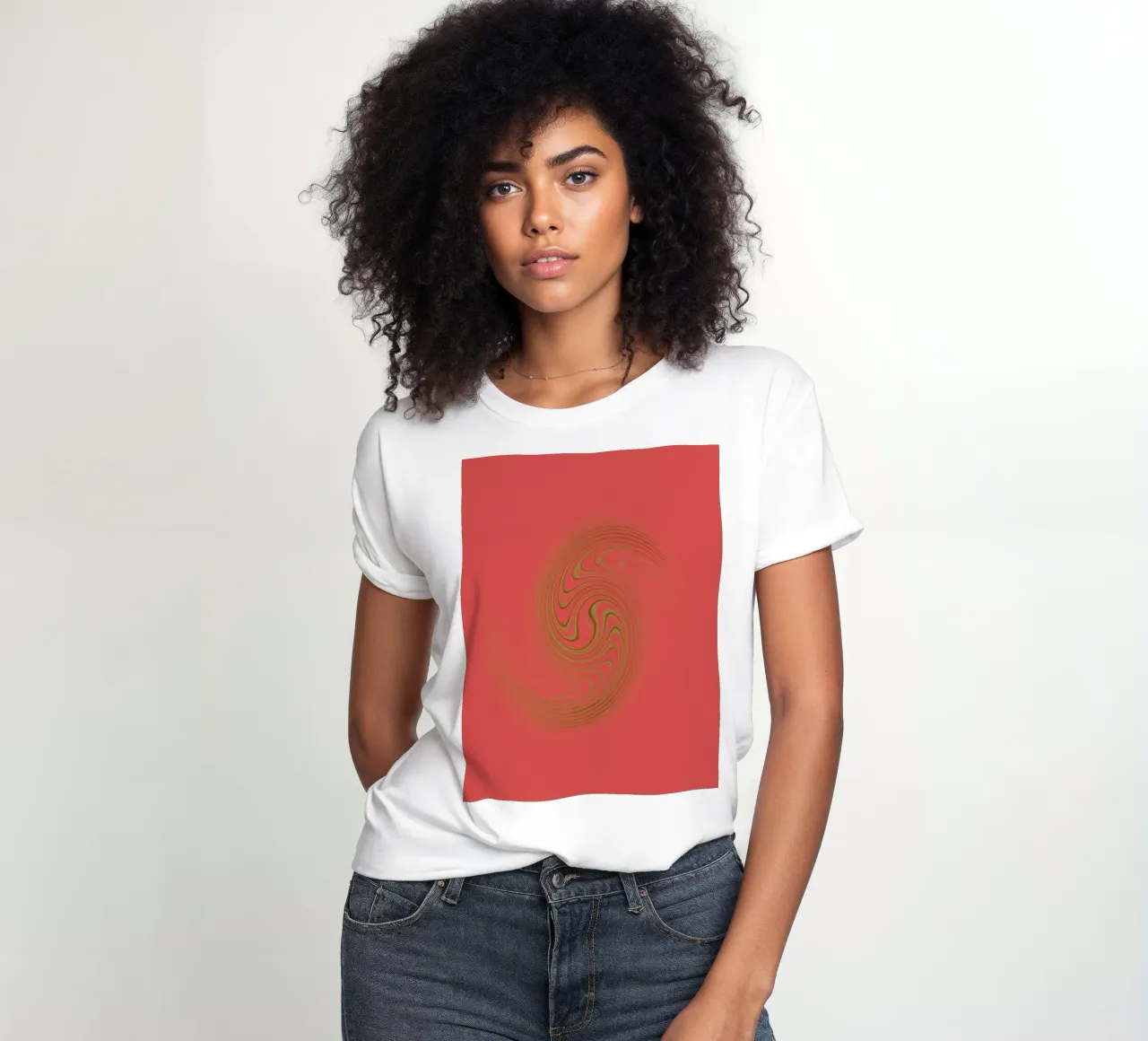 Abstract dynamic circular pattern in pink and yellow women's fitted t-shirt by Something for you