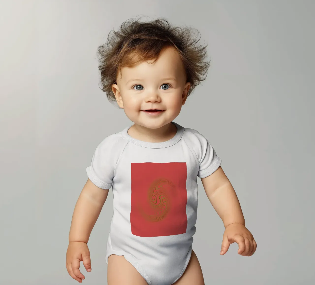 Abstract dynamic circular pattern in pink and yellow short-sleeve baby romper by Something for you