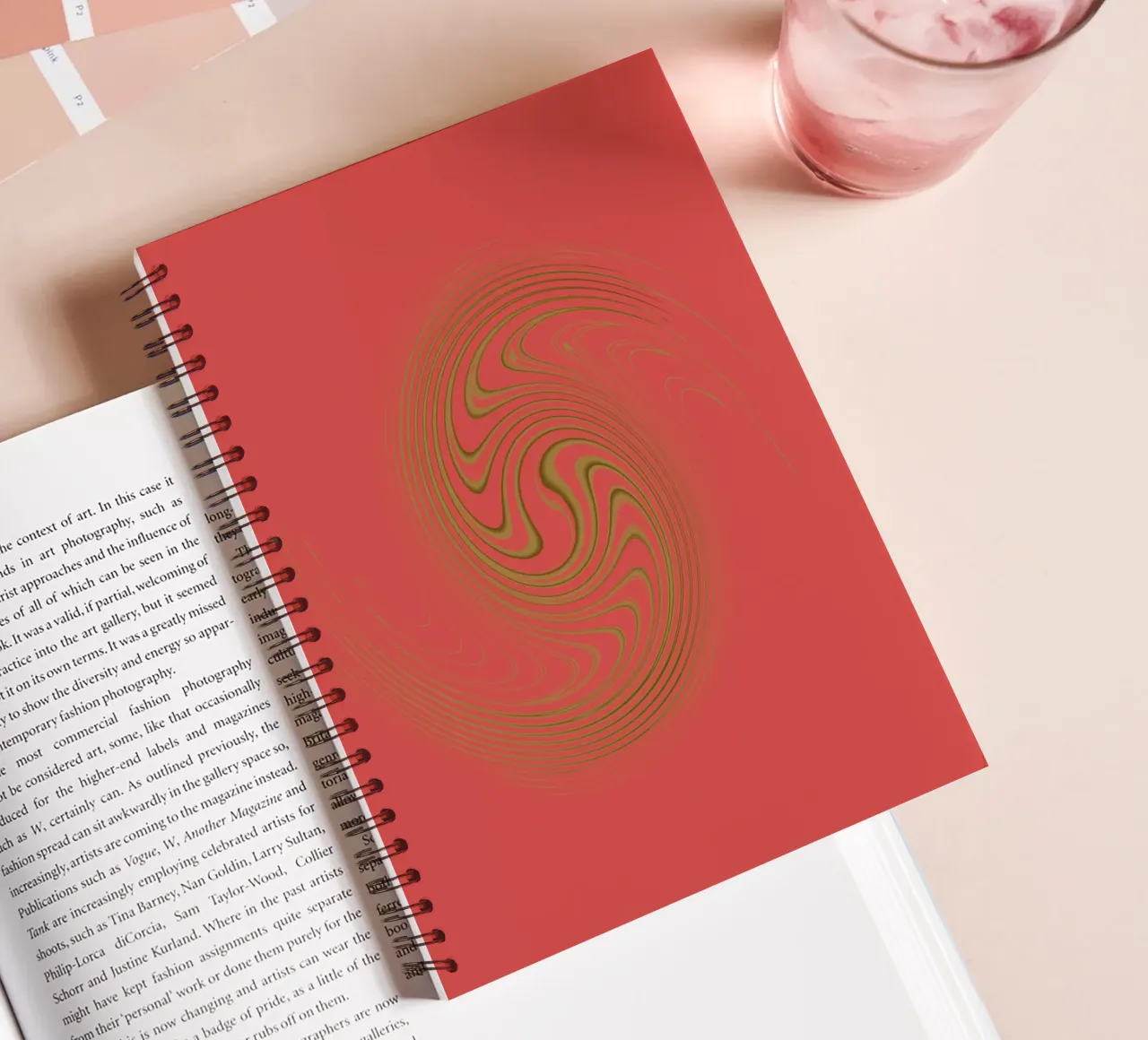 Abstract dynamic circular pattern in pink and yellow spiral notebook by Something for you